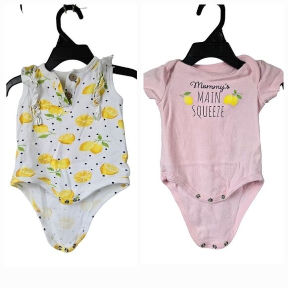 Baby Girl 2pc Lemon Print Onesie Bodysuit Playwear Fruit 6-9M Pink Yellow Bundle - Picture 1 of 8